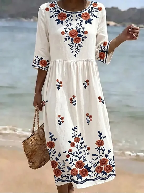 Damen Geblümt Halbarm Rundhals Kleid Täglich Lässig Maxikleid T-Shirt-Kleid H-Linie Sommer Kleid