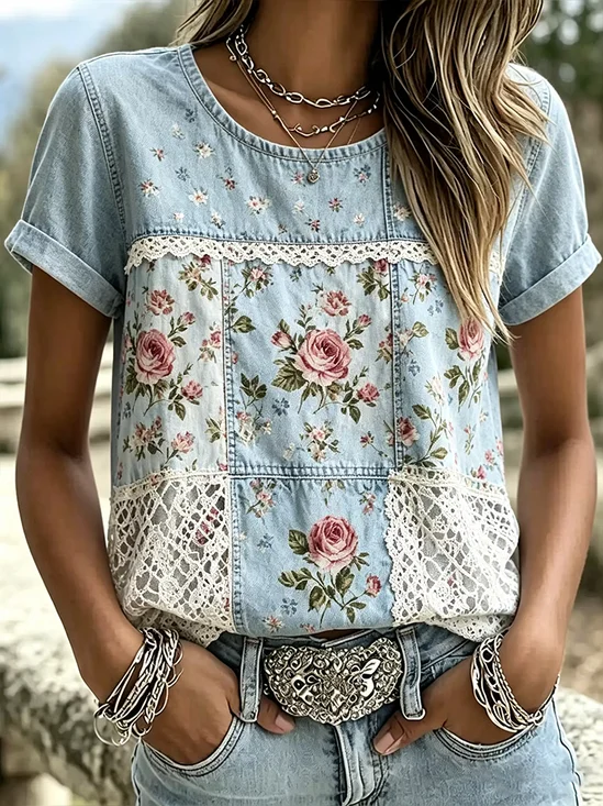 Damen Geblümt Kurzarm T-Shirts T-Shirt Rundhals Print Lässig T-Shirt mit Grafik Sommer Oberteile