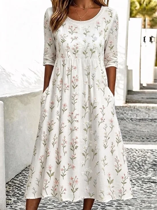 Damen Geblümt Halbarm Rundhals Kleid Täglich Retro Maxikleid H-Linie Sommer Kleid