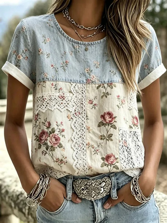 Damen Geblümt Kurzarm T-Shirts T-Shirt Rundhals Print Lässig T-Shirt mit Grafik Sommer Oberteile