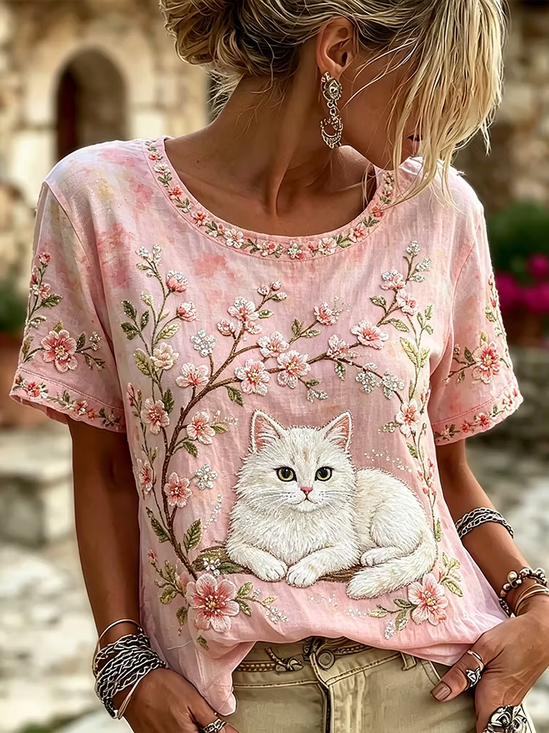 Damen Geblümt Kurzarm T-Shirts T-Shirt Rundhals Print Lässig T-Shirt mit Grafik Sommer Oberteile