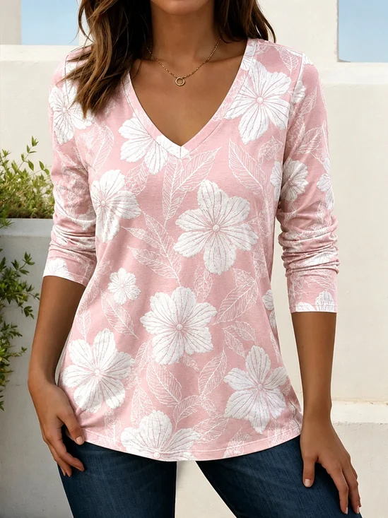 Damen Geblümt Langarm T-Shirts T-Shirt V-Ausschnitt Lässig Frühling/Herbst Oberteile