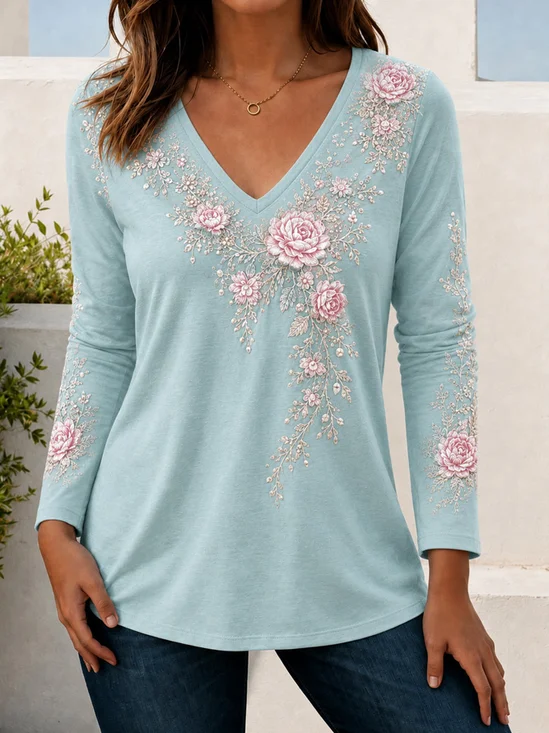 Damen Geblümt Langarm T-Shirts T-Shirt V-Ausschnitt Lässig Frühling/Herbst Oberteile