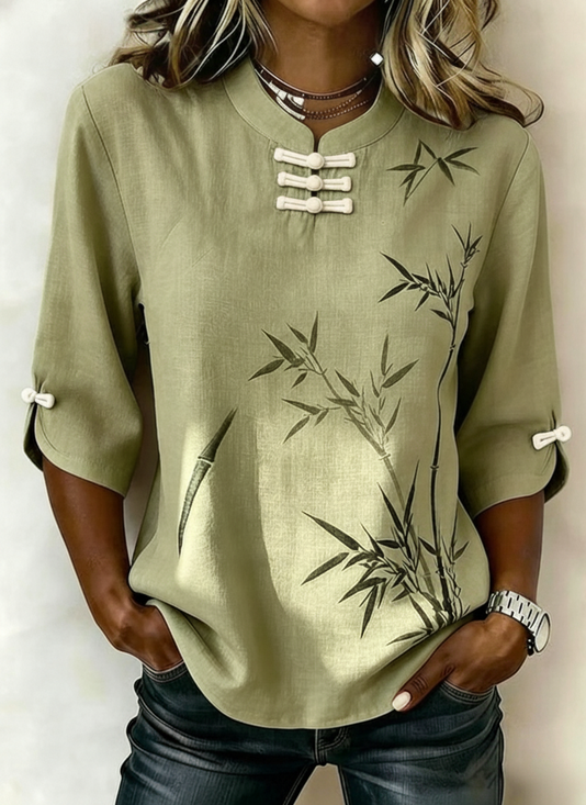 Damen Blätter Stehkragen Halbarm Bluse Retro Täglich Sommer Oberteile