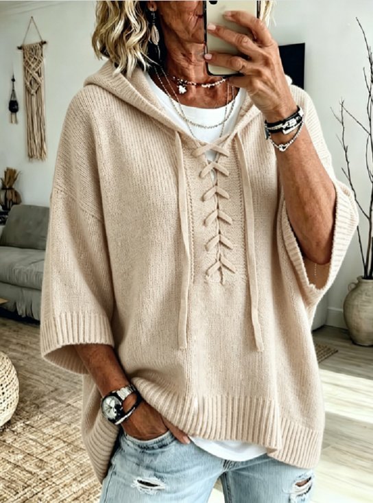 Damen Unifarben Lässig Halbarm Mit Kapuze Garn/Wollgarn Frühling/Herbst Pullover
