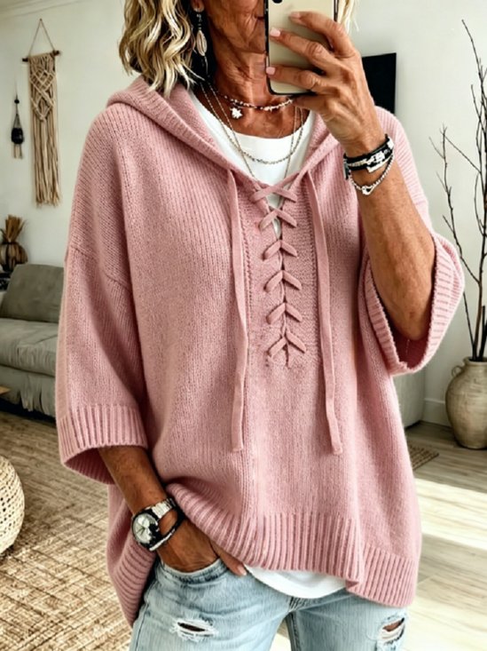 Damen Unifarben Lässig Halbarm Mit Kapuze Garn/Wollgarn Frühling/Herbst Pullover