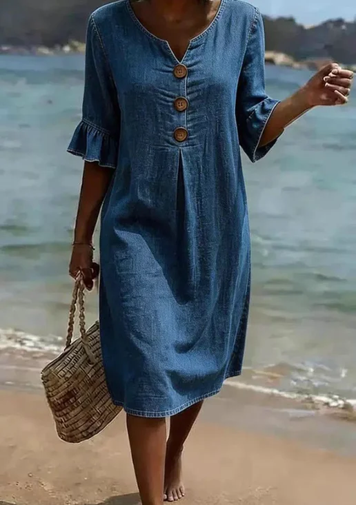 Damen Unifarben Halbarm V-Ausschnitt Kleid Täglich Lässig Midi A-Linien Sommer Kleid