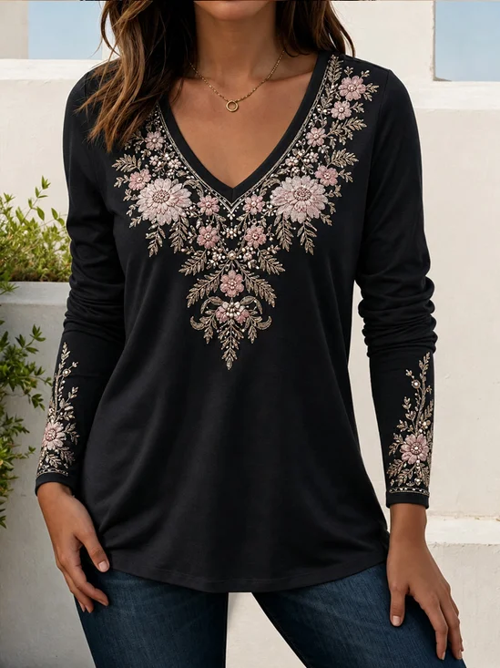 Damen Geblümt Langarm T-Shirts T-Shirt V-Ausschnitt Lässig Frühling/Herbst Oberteile