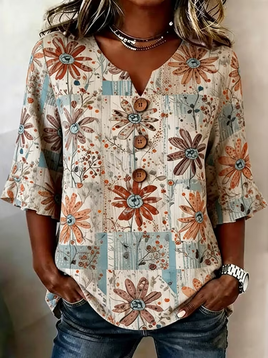 Damen Geblümt V-Ausschnitt Halbarm Bluse Print Retro Täglich Sommer Oberteile