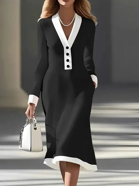 Damen Unifarben Langarm V-Ausschnitt Kleid Party Lässig Midi Pullover A-Linien Frühling/Herbst Kleid