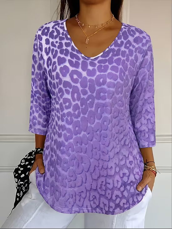 Damen Leopard Dreiviertelärmel T-Shirts T-Shirt V-Ausschnitt Print Lässig T-Shirt mit Grafik Frühling/Herbst Oberteile