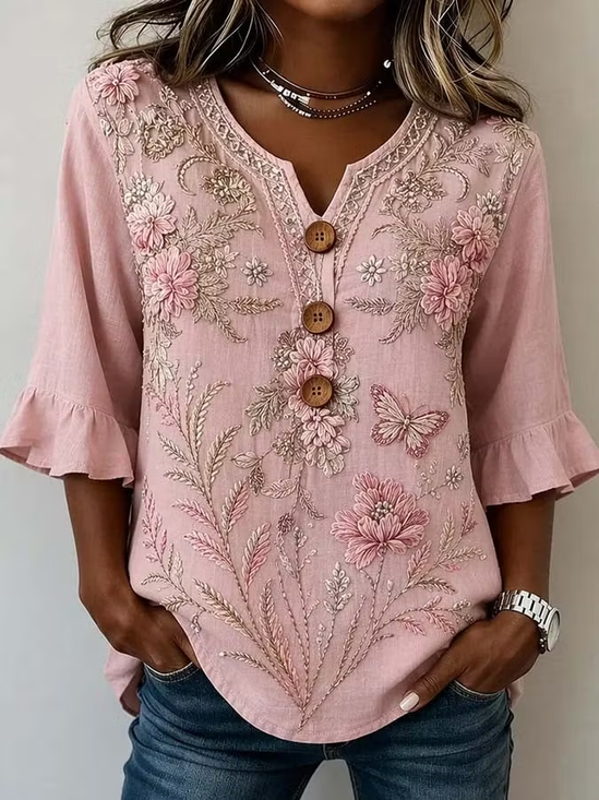 Damen Geblümt V-Ausschnitt Halbarm Bluse Print Retro Täglich Sommer Oberteile
