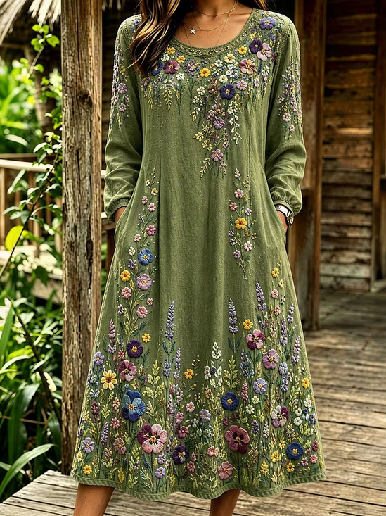 Damen Geblümt Langarm Rundhals Kleid Täglich Retro Maxikleid Leinen H-Linie Frühling/Herbst Kleid
