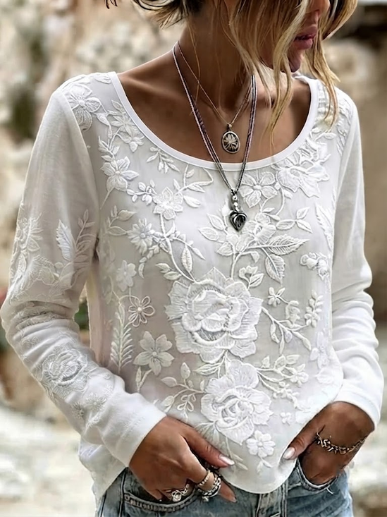 Damen Geblümt Langarm T-Shirts T-Shirt Rundhals Print Lässig T-Shirt mit Grafik Frühling/Herbst Oberteile