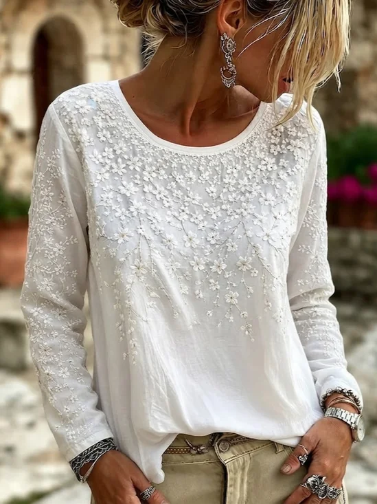 Damen Geblümt Langarm T-Shirts T-Shirt Rundhals Print Lässig T-Shirt mit Grafik Frühling/Herbst Oberteile
