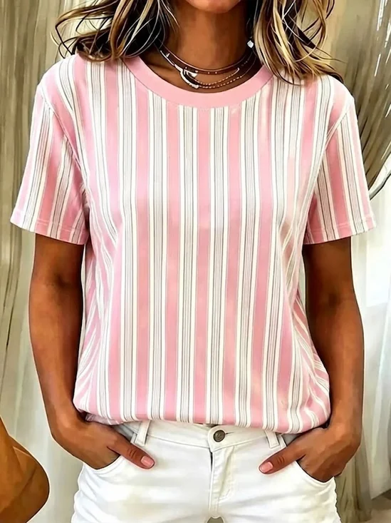 Damen Gestreift Kurzarm T-Shirts T-Shirt Rundhals Print Lässig T-Shirt mit Grafik Sommer Oberteile