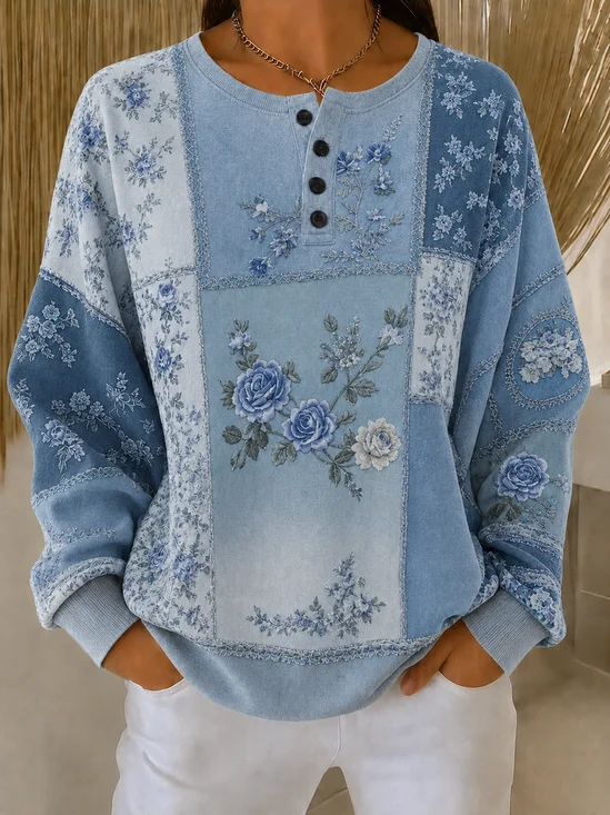 Damen Geblümt Henley-Kragen Lässig Frühling/Herbst Langarm Sweatshirt