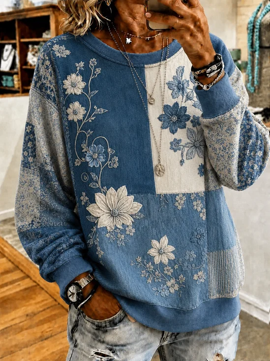 Damen Geblümt Rundhals Print Lässig Frühling/Herbst Langarm Sweatshirt