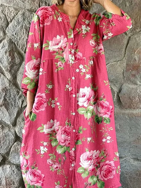 Damen Geblümt Dreiviertelärmel Henley-Kragen Kleid Täglich Lässig Maxikleid Blusenkleid H-Linie Frühling/Herbst Kleid