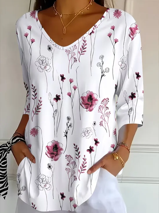 Damen Geblümt Dreiviertelärmel T-Shirts T-Shirt V-Ausschnitt Print Lässig T-Shirt mit Grafik Frühling/Herbst Oberteile