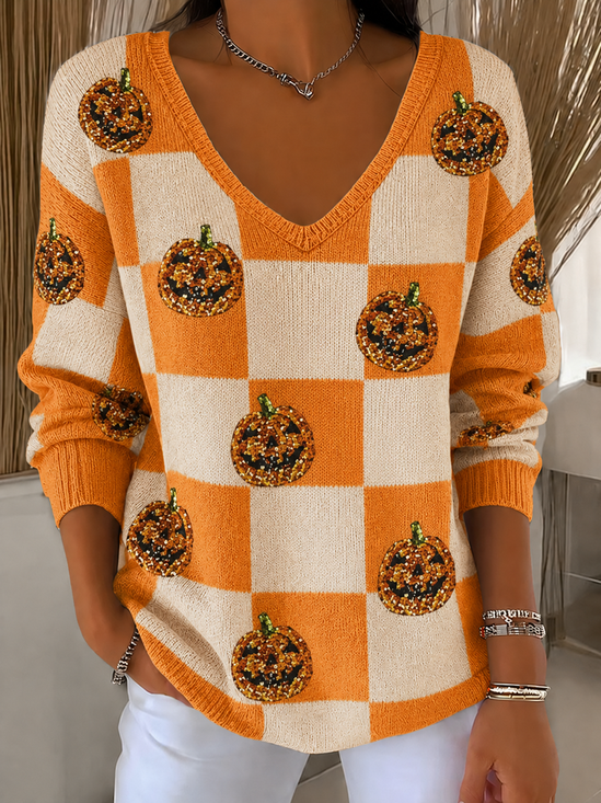 Damen Farbblock Lässig Langarm V-Ausschnitt Frühling/Herbst Pullover