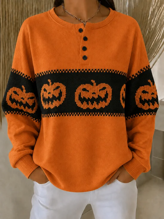Damen Halloween Henley-Kragen Lässig Frühling/Herbst Langarm Sweatshirt