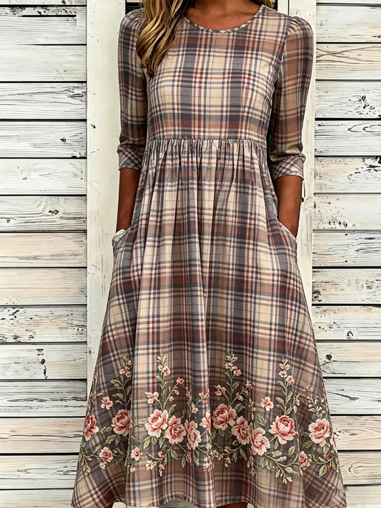 Damen Geblümt Halbarm Rundhals Print Kleid Täglich Lässig Maxikleid H-Linie Sommer Kleid