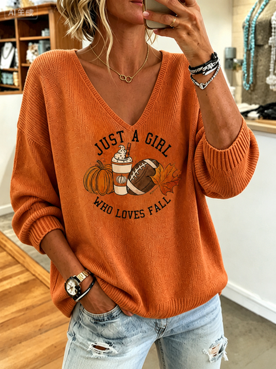 Damen Ahornblatt Lässig Langarm V-Ausschnitt Frühling/Herbst Pullover