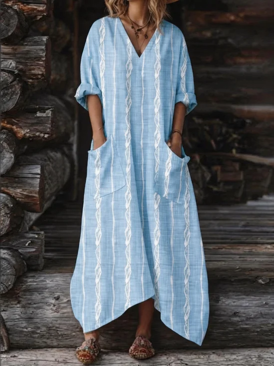 Damen Gestreift Langarm V-Ausschnitt Kleid Täglich Lässig Maxikleid Etuikleid H-Linie Sommer Kleid