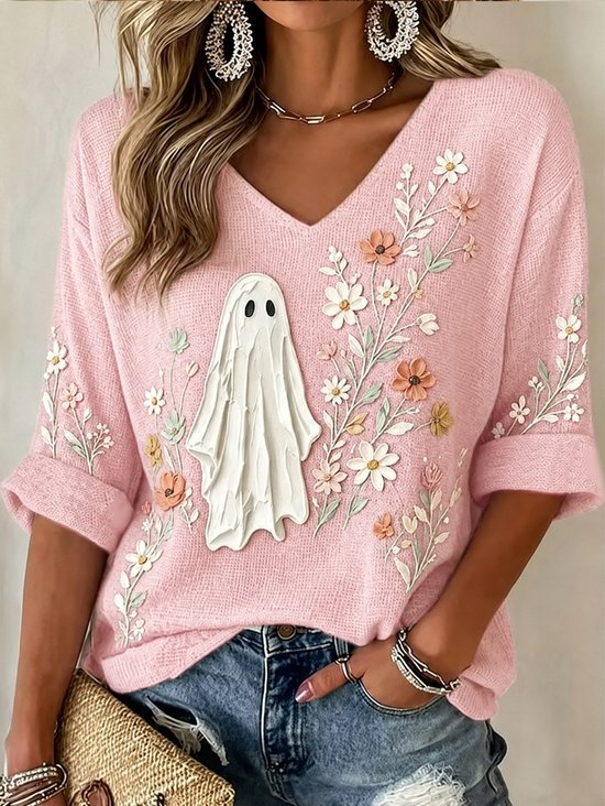 Damen Geblümt Lässig Langarm V-Ausschnitt Frühling/Herbst Pullover