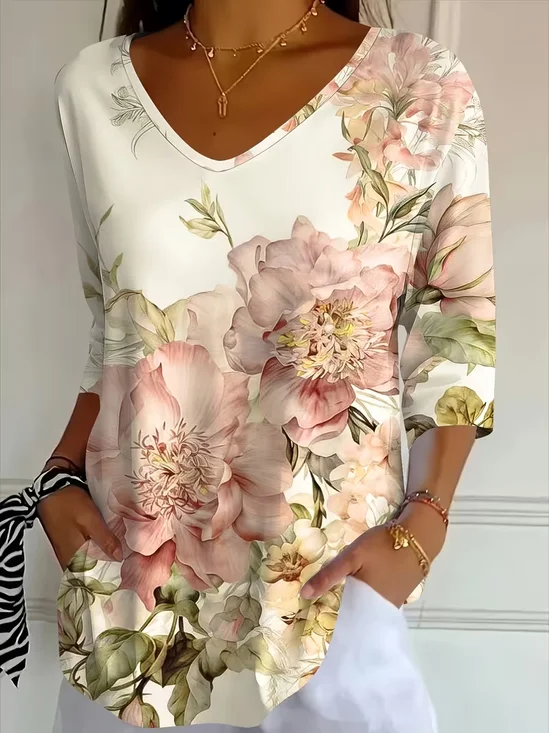 Damen Geblümt Dreiviertelärmel T-Shirts T-Shirt V-Ausschnitt Print Lässig T-Shirt mit Grafik Frühling/Herbst Oberteile