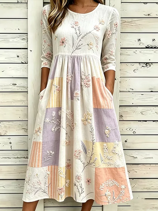 Damen Geblümt Halbarm Rundhals Print Kleid Täglich Lässig Maxikleid T-Shirt-Kleid A-Linien Sommer Kleid