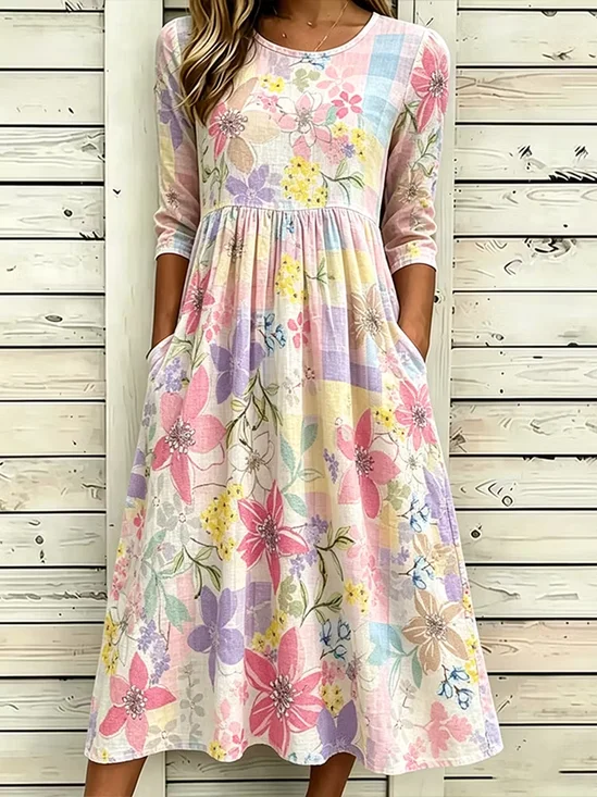 Damen Abstrakt Kariert Halbarm Rundhals Kleid Täglich Lässig Maxikleid T-Shirt-Kleid A-Linien Sommer Kleid