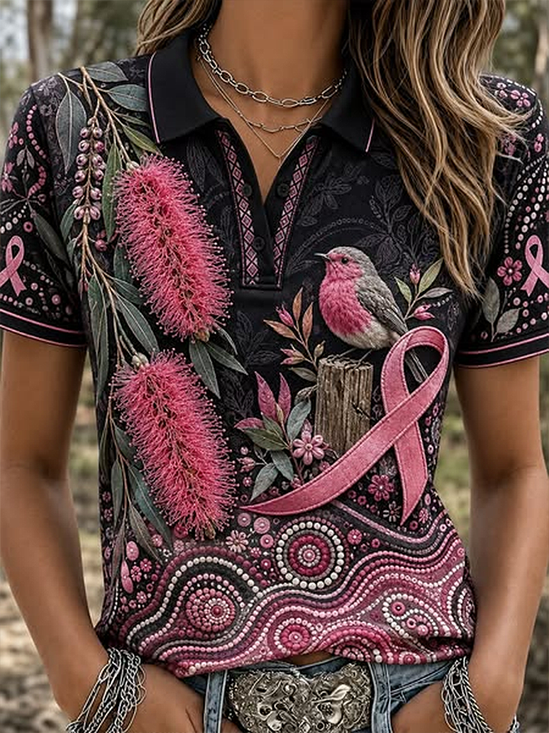 Damen Geblümt Kurzarm T-Shirts T-Shirt Polokragen Print Retro Sommer Oberteile