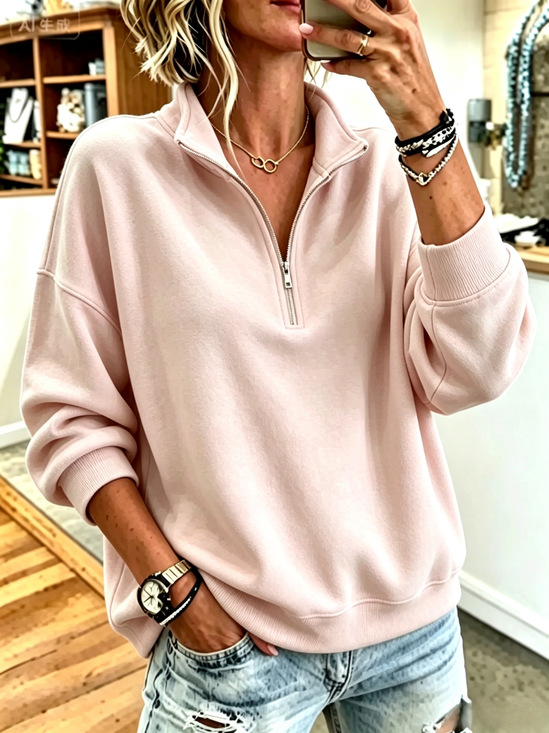 Damen Unifarben Stehkragen Lässig Frühling/Herbst Langarm Sweatshirt