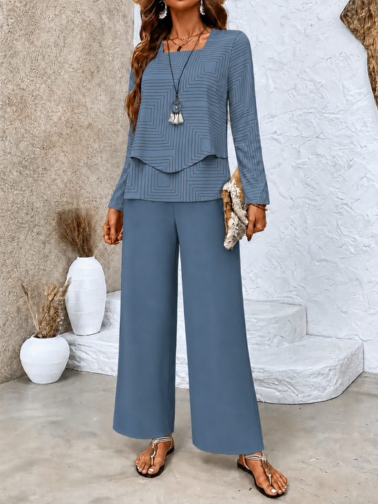 Damen Unifarben Zweiteiliges Set Täglich Langarm Lässig Frühling/Herbst Bluse mit Hose Matching Set