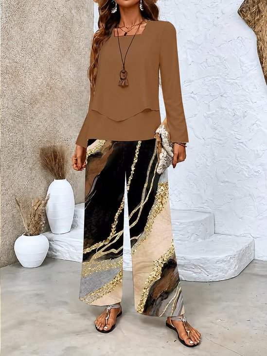 Damen Unifarben Print Zweiteiliges Set Täglich Langarm Lässig Frühling/Herbst Bluse mit Hose Matching Set