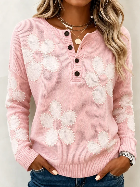 Damen Geblümt Langarm T-Shirts T-Shirt Henley-Kragen Lässig Frühling/Herbst Oberteile