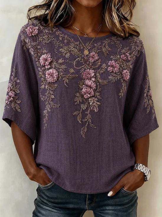 Damen Geblümt Muster Rundhals Halbarm Bluse Print Retro Täglich Sommer Oberteile