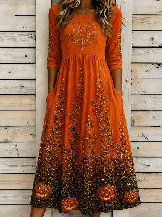 Damen Halloween Halbarm Rundhals Kleid Urlaub Retro Maxikleid A-Linien Sommer Kleid