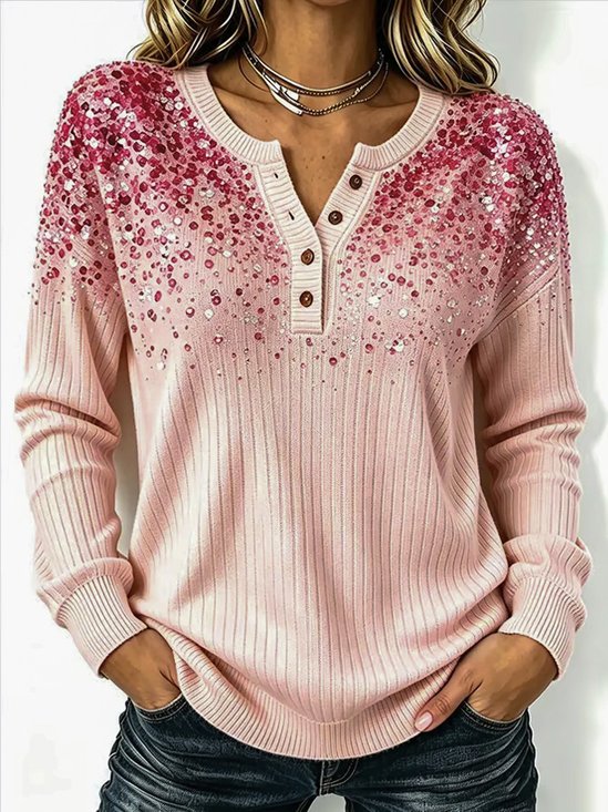 Damen Farbverlauf Langarm T-Shirts T-Shirt Henley-Kragen Lässig Frühling/Herbst Oberteile