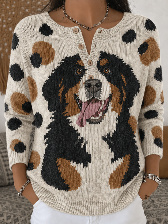Damen Hund Retro Langarm Halb offener Kragen Nachahmung Kaschmir Frühling/Herbst Pullover