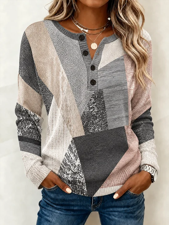 Damen Geometrisch Langarm T-Shirts T-Shirt Henley-Kragen Lässig Frühling/Herbst Oberteile
