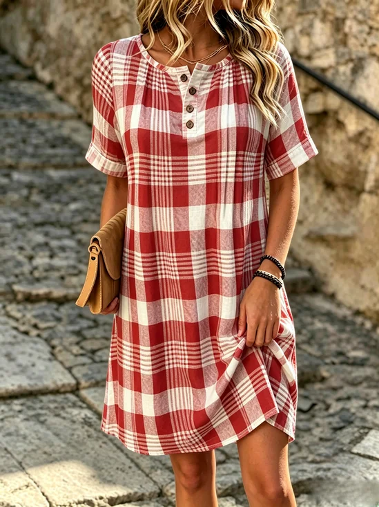 Damen Kariert Kurzarm Henley-Kragen Taschennähen Kleid Täglich Retro Midi Etuikleid H-Linie Sommer Kleid