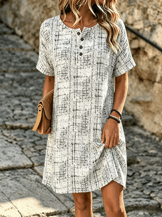 Damen Abstrakt Kurzarm Henley-Kragen Taschennähen Kleid Täglich Lässig Midi Etuikleid H-Linie Sommer Kleid