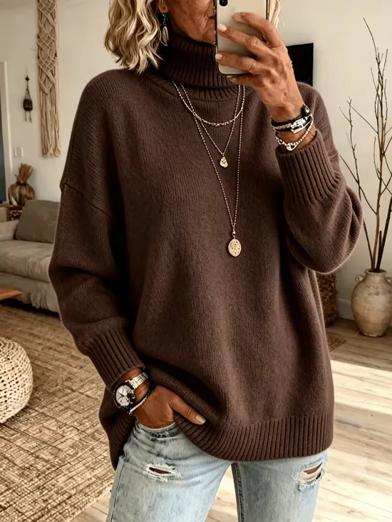 Damen Unifarben Lässig Langarm Rollkragen Frühling/Herbst Pullover