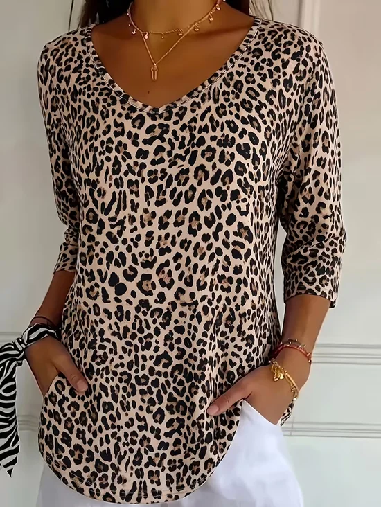Damen Leopard Dreiviertelärmel T-Shirts T-Shirt V-Ausschnitt Print Lässig T-Shirt mit Grafik Frühling/Herbst Oberteile