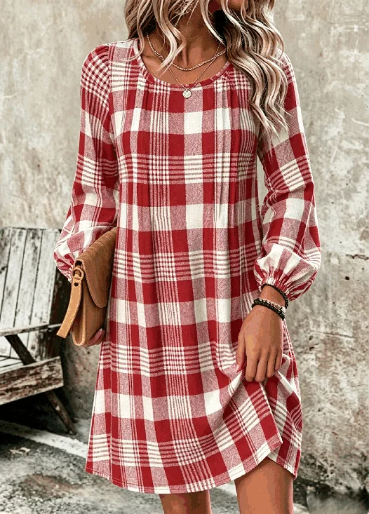 Damen Kariert Langarm Rundhals Kleid Täglich Retro Midi T-Shirt-Kleid A-Linien Frühling/Herbst Kleid
