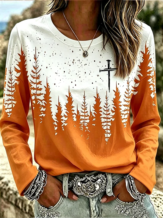 Damen Baum Langarm T-Shirts T-Shirt Rundhals Print Lässig T-Shirt mit Grafik Frühling/Herbst Oberteile