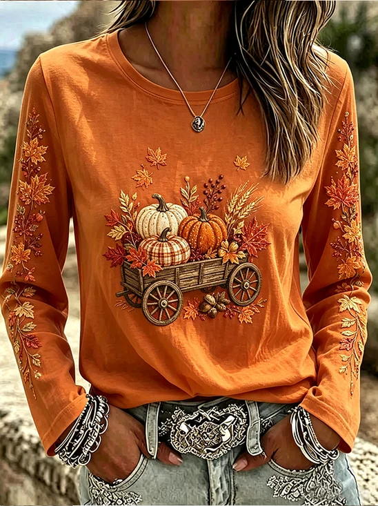 Damen Ahornblatt Langarm T-Shirts T-Shirt Rundhals Print Lässig T-Shirt mit Grafik Frühling/Herbst Oberteile